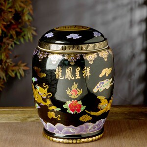 40厘米黑色龙凤骨灰缸迁坟捡骨坛子陶瓷骨灰罐骨灰盒装骨头骨灰盅