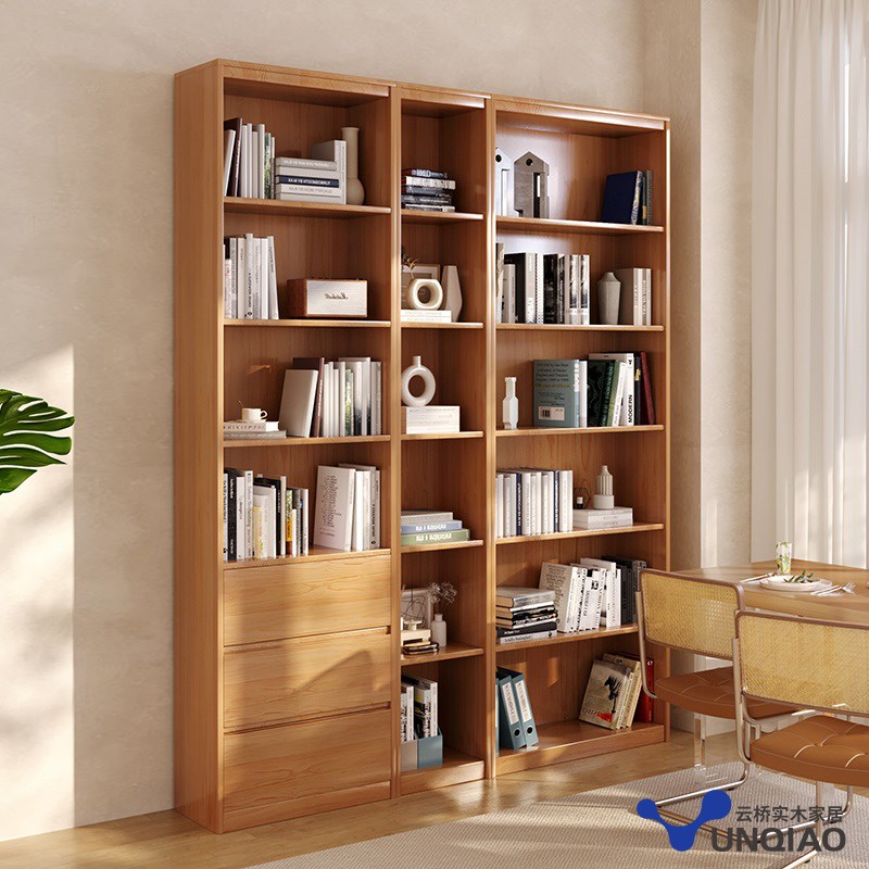 实木书架落地置物柜简约家用带玻璃门客厅防尘自由书柜展示架
