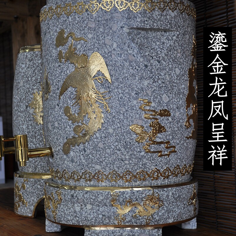 麦饭石水缸 水桶 净水器茶道 鎏金储水缸带盖 高档