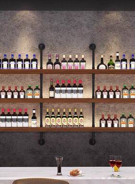 酒吧烧挂烤店20643吧台壁式靠墙铁墙艺多层实木置物架子上餐酒架