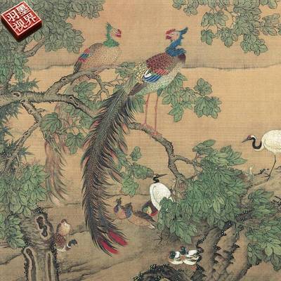 清沈铨百鸟朝凤图宫廷画派工笔花鸟画长卷装饰画高清微喷复制