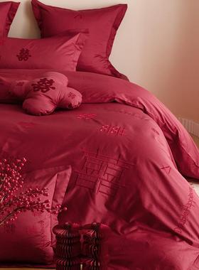 庆140S长绒四棉件纯棉结婚房喜字套床笠款红色新婚F77HT6S8婚床品