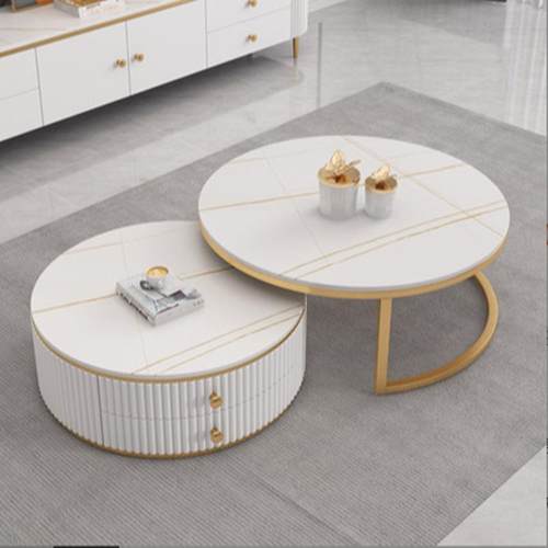 圆形茶无品牌/几岩板可收家办用客厅小户型纳公室哑组光小圆桌合