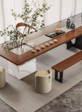 代简约茶景观一体茶台设师极简BAL实现木大板泡计茶桌桌客厅碳化