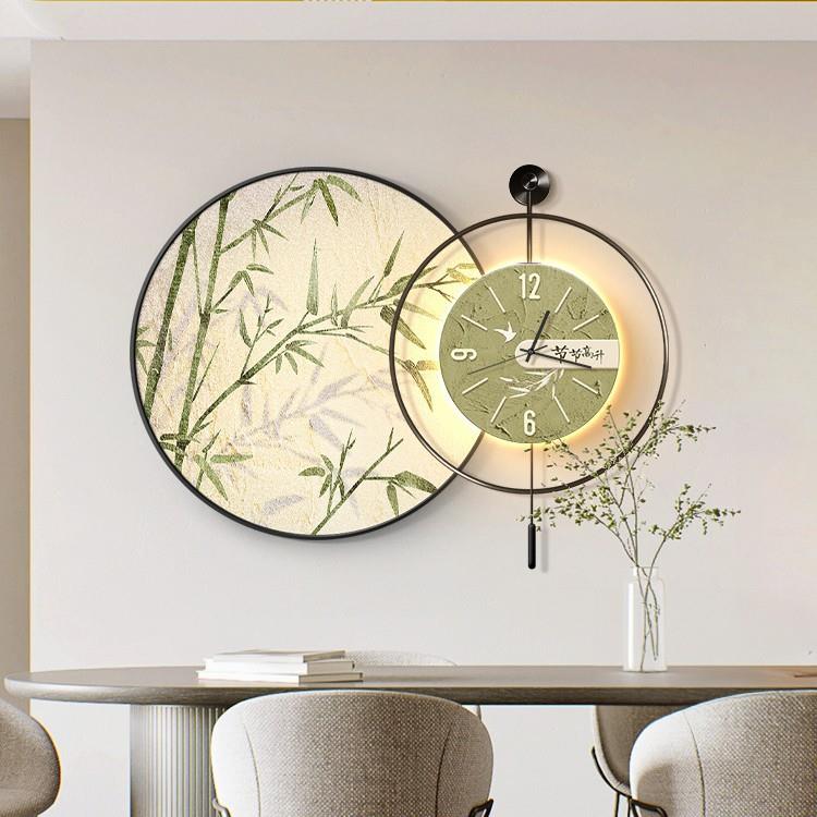 竹子餐厅装饰画新式餐桌钟表挂画挂钟壁画2025高新款HRM时钟茶档