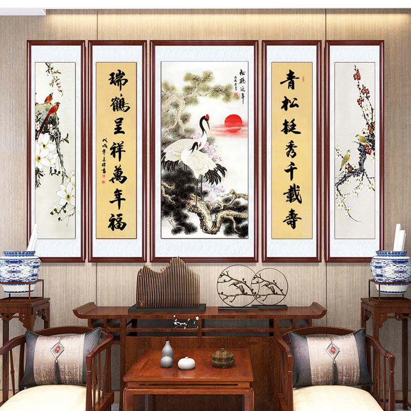 松鹤延年中堂画客厅挂画农村堂屋大气大堂新居山水装饰画贺寿对联
