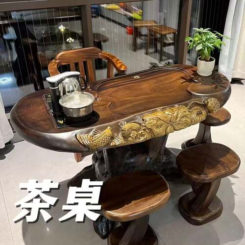 胡IJA木根实雕雕茶台木茶几整体树根茶桌原桃木树头刻花梨木树桩