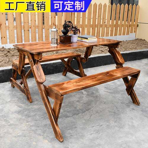 W8户庭外院别墅天然实木餐桌椅XH-01折叠阳台背连体桌园凳室外花靠长椅