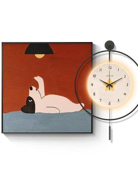 现画代简约餐装饰画带挂钟卡通102202-x狗红色饭厅墙壁厅挂可爱客