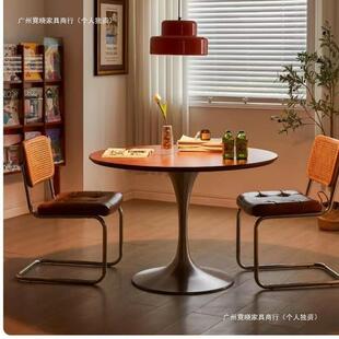 中古全木实郁金香小圆小户型家桌用复古圆形餐桌椅组合网CID红饭