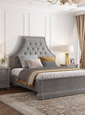 美式轻奢实床双式人床1.8米主卧欧高雕花法式ASC复木古白蜡端灰色