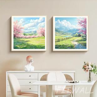 风景手绘油画现代轻奢餐边柜厅挂画双拼合FJ676景餐 组春和明
