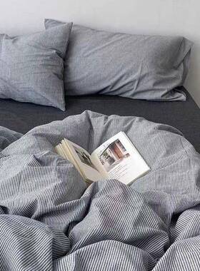 简纯约日式YVZ夏细条全棉水洗棉夏凉被三件套棉机洗季薄被芯纹四