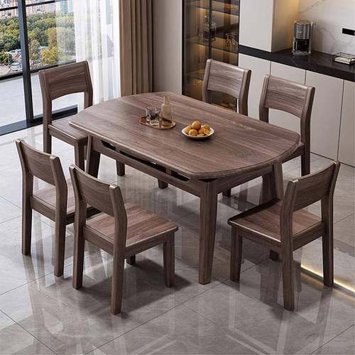 北椅黑PYK胡桃美木实木餐桌组合伸缩折叠圆桌家用饭桌小户可型变