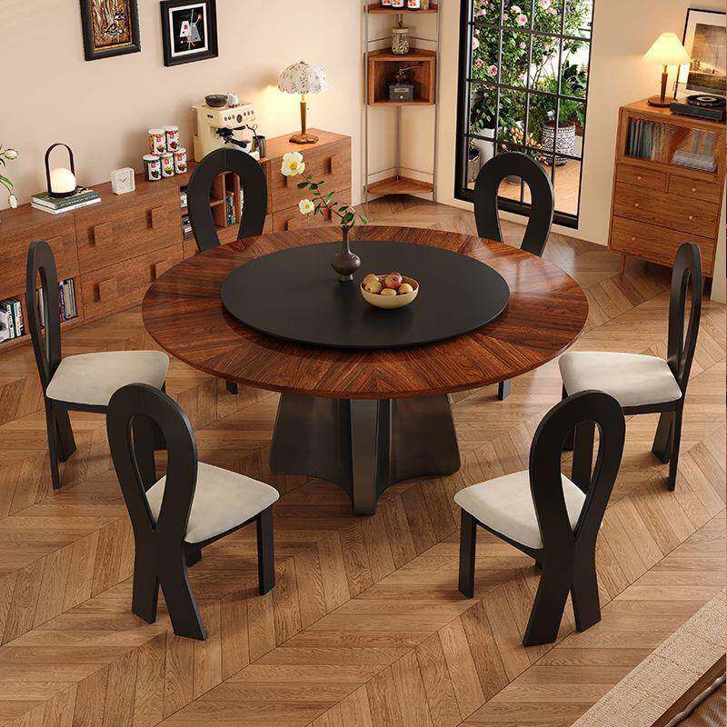 新款法复式古风实木餐桌家用黑胡桃木转盘桌饭610中古风小圆桌带
