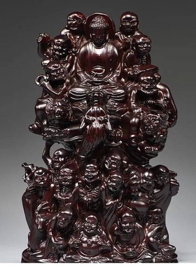 黑檀木雕十八罗汉摆件红木家居玄关降龙伏虎尊者实木质雕刻工艺品