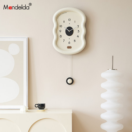 Mandelda免打孔奶油风摇摆钟表挂钟客厅现代简约高档创意时钟挂墙