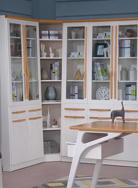 纯实木转角组合书柜带玻璃门白色红橡原木二三门组合柜家用1.2米m