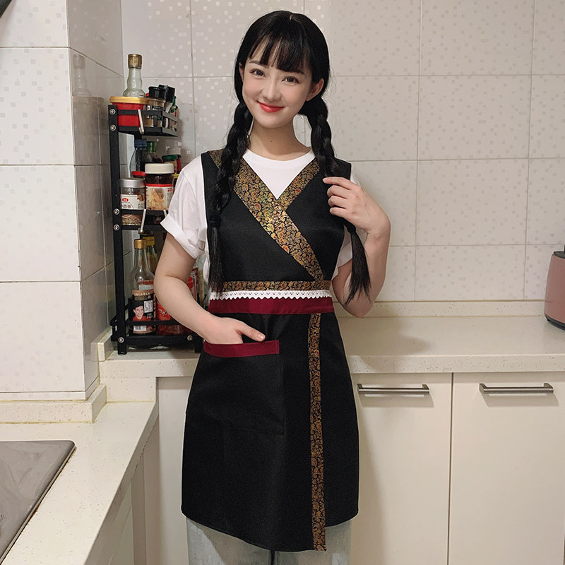 特色复古民族风高档女围裙餐厅餐饮饭店养生馆服务员围腰工作服