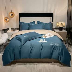 40支贡缎全棉13372刺绣四件套 纯色双拼简约床单床笠4件套