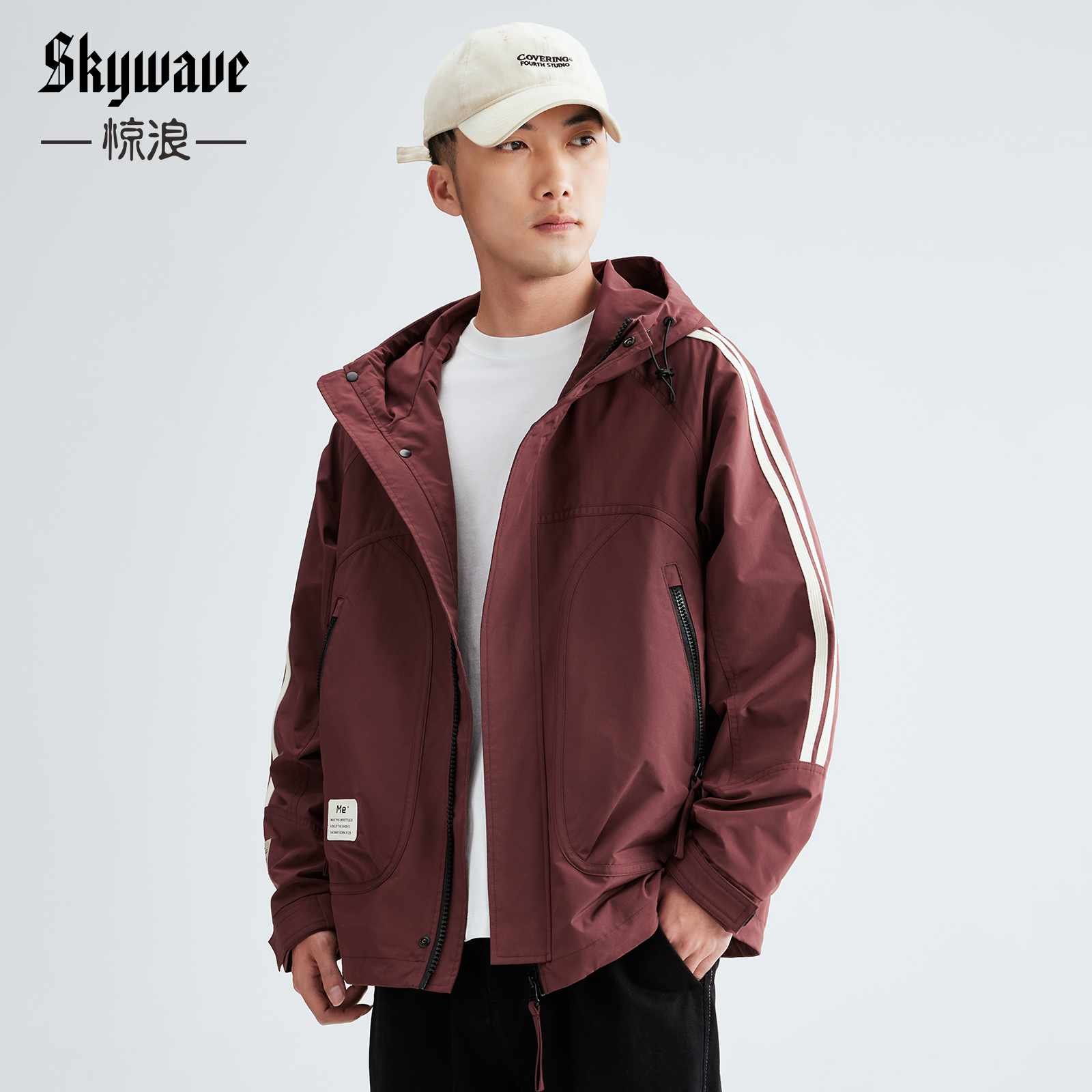 春季新款户外男士连帽夹克宽松大码时尚工装大口袋防风休闲外套潮