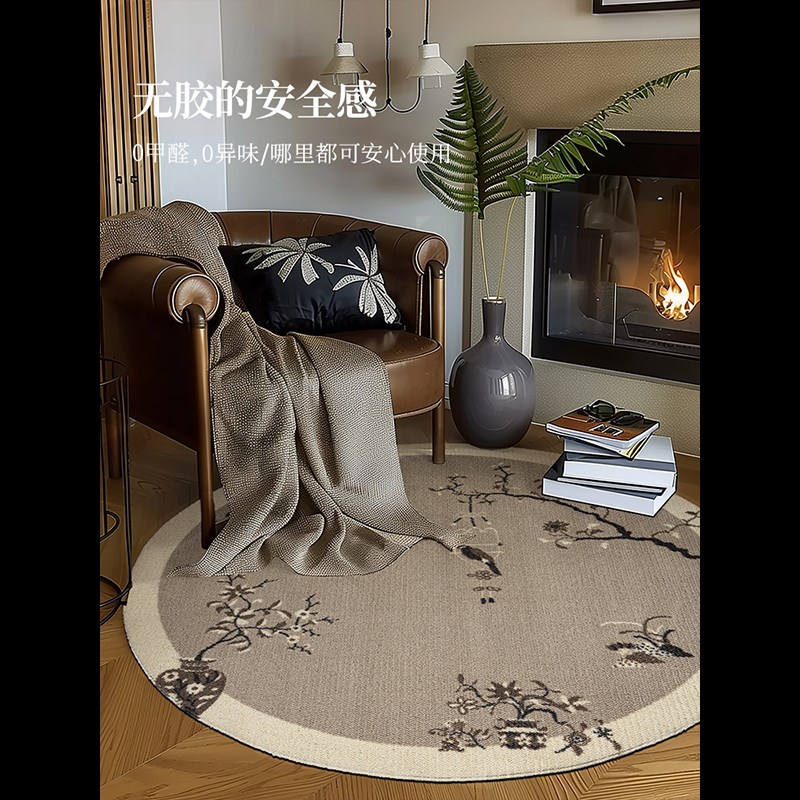 蜡笔派中国风花间莺燕圆形地毯立体羊毛复古客厅茶几毯卧室床边毯