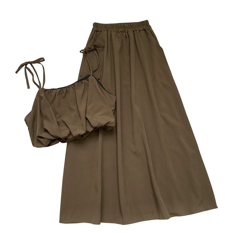 夏季百搭系带花苞短款吊带背心上衣+松紧腰中长款半身裙两件套女,女装/女士精品,时尚套装,淘宝优惠券,粉丝福利购,淘宝优惠卷