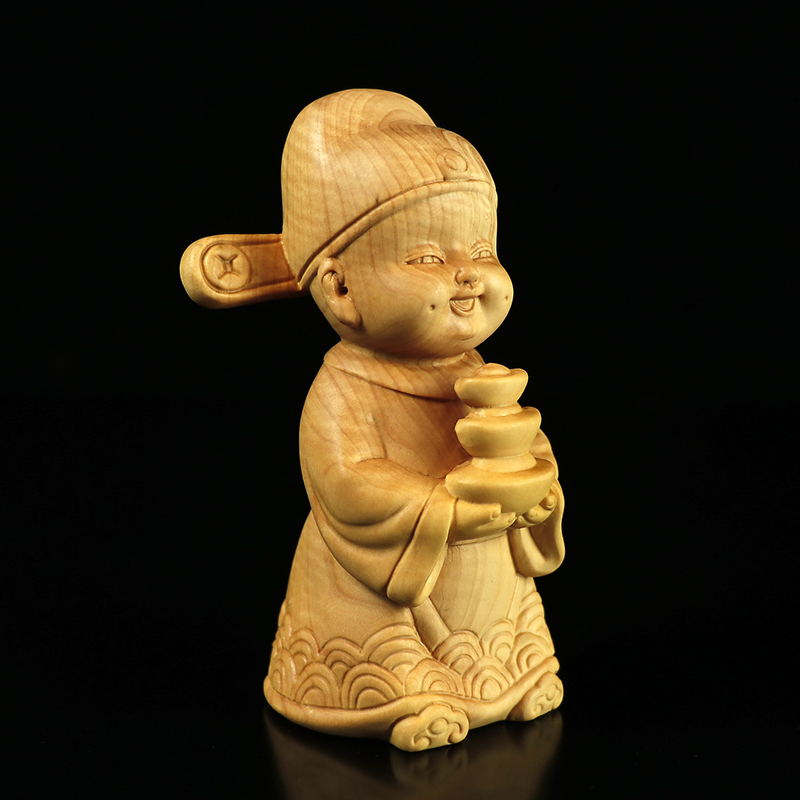 黄杨木雕刻手工艺品招财摆件中式圆雕家居装饰品人物实木招财童子