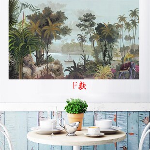 热带雨林风景自粘壁画电视背景墙复古轻奢贴画欧式森林植物壁布画