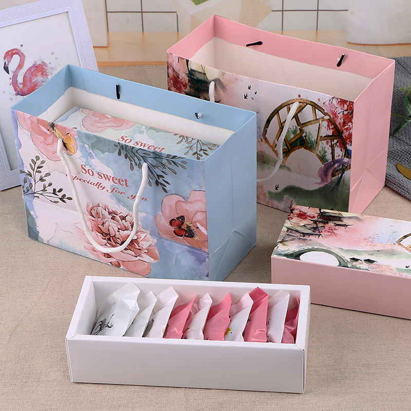 粉彩风景抽屉式雪花酥包装盒牛轧糖曲奇饼干盒子圣诞礼物糖果纸盒