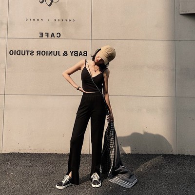 大码胖mm高腰垂坠感阔腿裤女2023夏装新款200斤开叉直筒拖地长裤