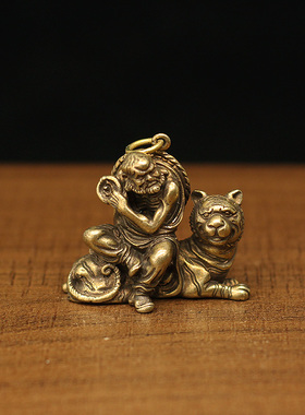 迷你微雕古玩铜器实心黄铜佛像降龙伏虎罗汉纯铜做旧桌面摆件茶宠