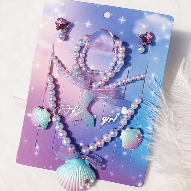 儿童项链耳夹手链发箍套装公主女孩贝壳海洋风鱼尾人鱼首饰品头饰