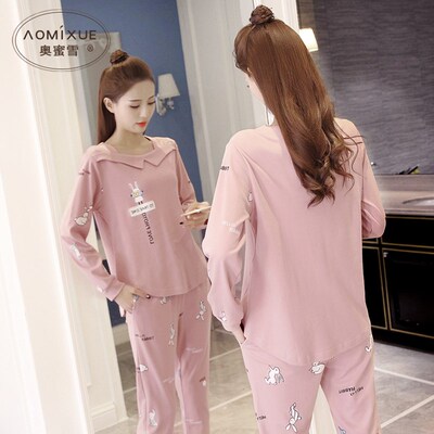 睡衣女秋季纯棉长袖宽松家居服全棉居家卡通两件套装少女2024外穿