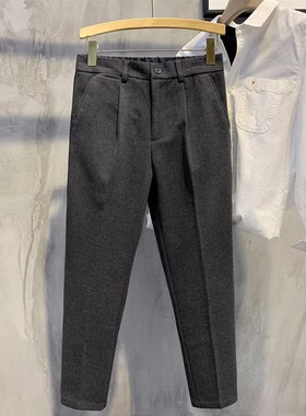 男士裤子秋冬款大码休闲西裤男毛呢九分裤锥形粗腿高腰西装裤胖子