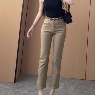 小众高腰弹力休闲九分烟管长裤 新款 子 女2024秋季 卡其色直筒牛仔裤