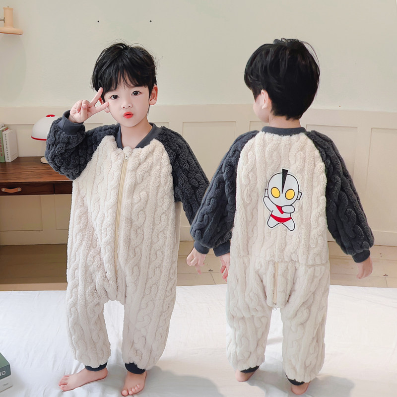 儿童法兰绒睡袋小男童秋冬季加厚款婴儿宝宝连身睡衣珊瑚绒防踢被