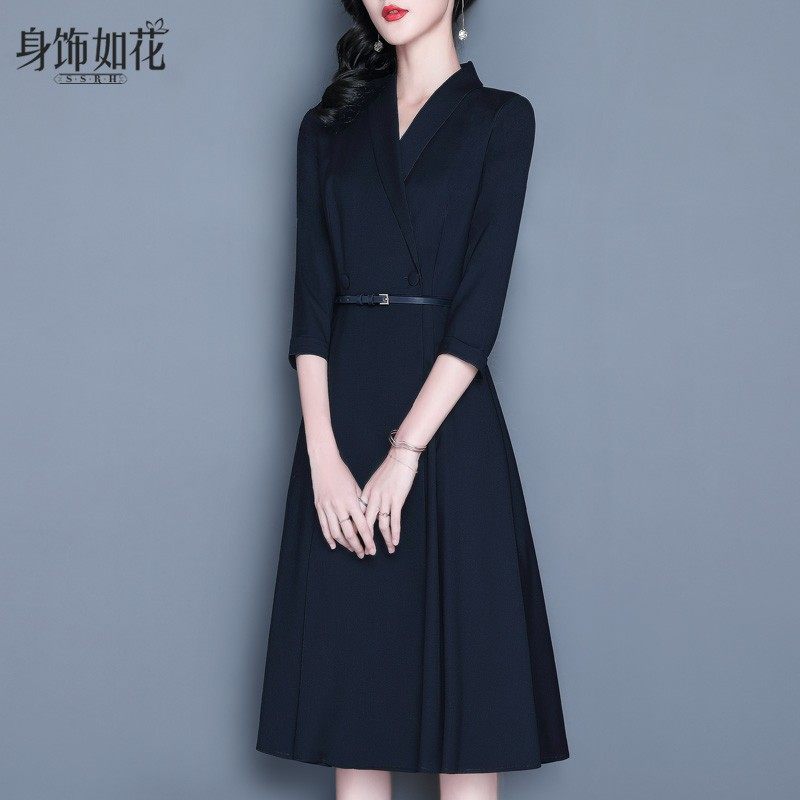 西装连衣裙2021秋冬新款淑女装气质修身A字裙七分袖深蓝色大摆裙