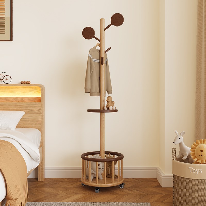 儿童房衣帽架实木落地带收纳小型可移动木质卧室家用简易立式创意
