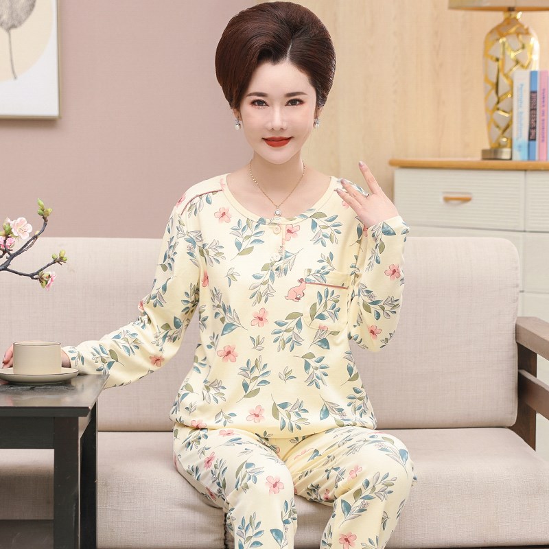 加大码胖mm春秋女士纯棉长袖睡衣家居服妈妈婆婆中老年人宽松套装