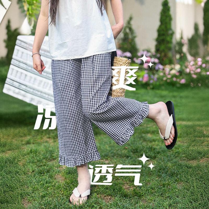 女童格子裤2024夏季薄款洋气透气阔腿九分裤中大童儿童休闲直筒裤