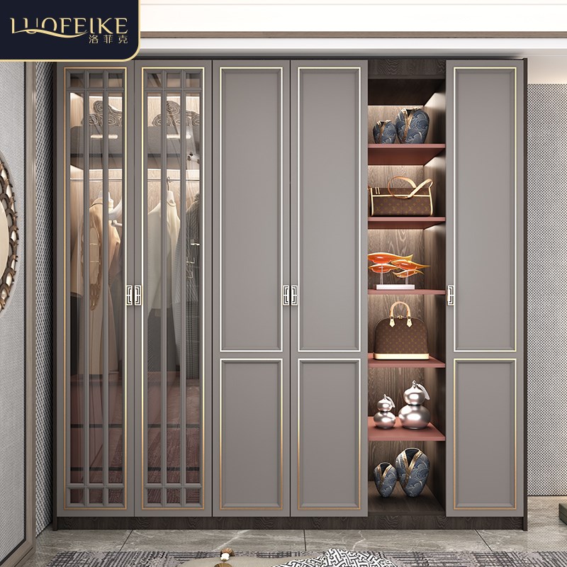 新中式衣柜轻奢家用卧室实木质四六门大衣橱带书桌一体储物柜定制