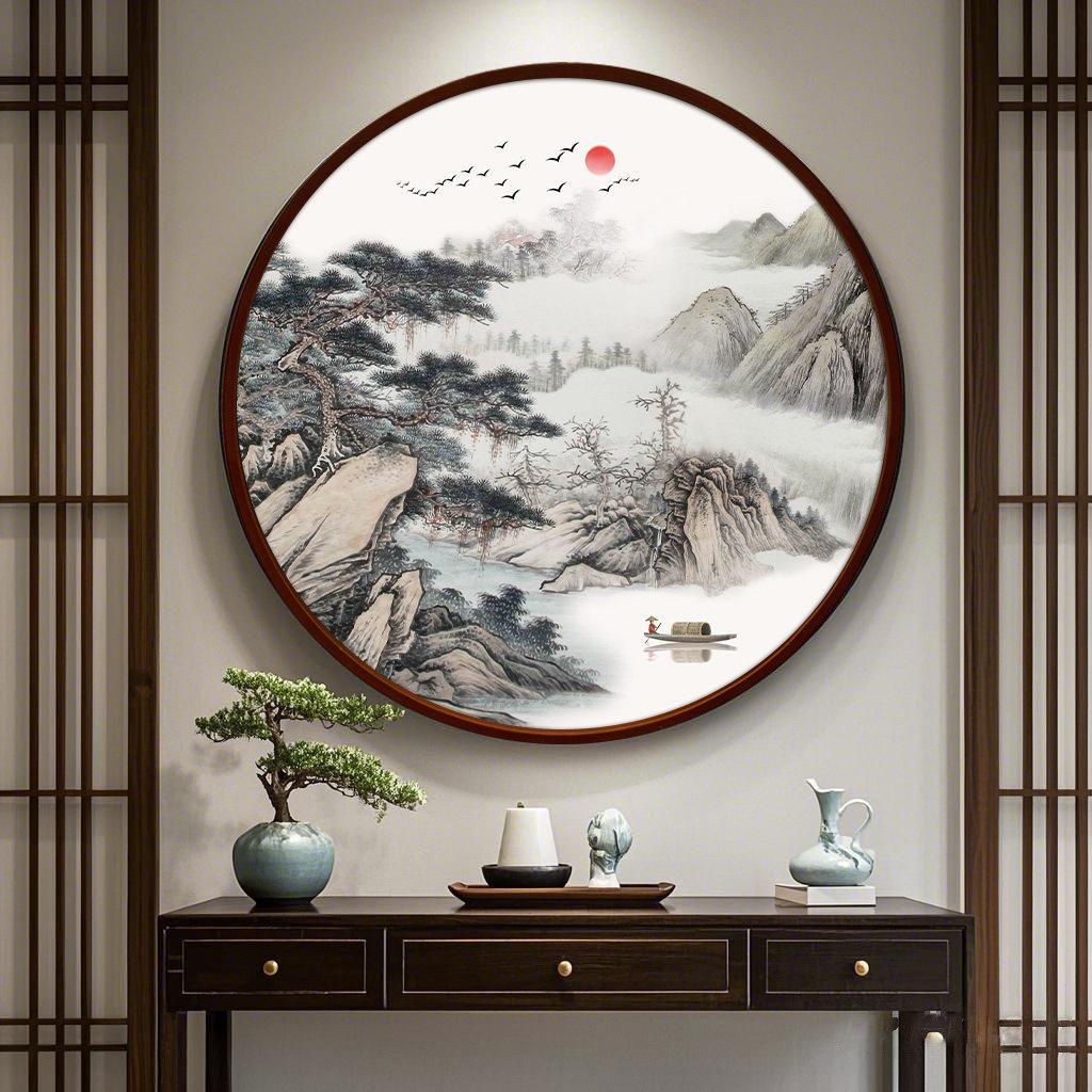 圆形装饰画办公室靠山挂画新中式茶室山水风景客厅玄关背景墙壁画