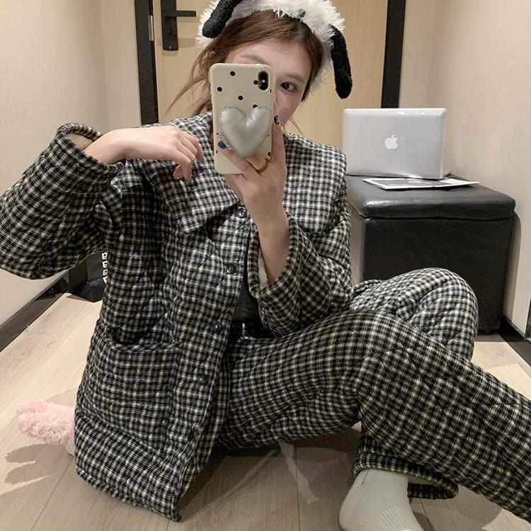 韩系冬季睡衣女三层夹棉袄冬天加绒保暖条纹格子珊瑚绒家居服套装