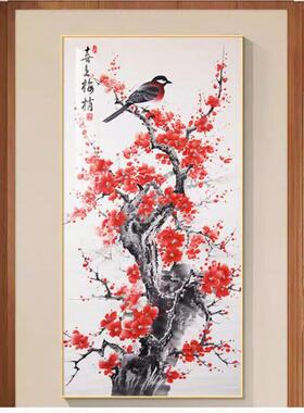 喜上眉梢玄关装饰画红色喜庆梅花图壁画走廊过道竖版水墨国画挂画
