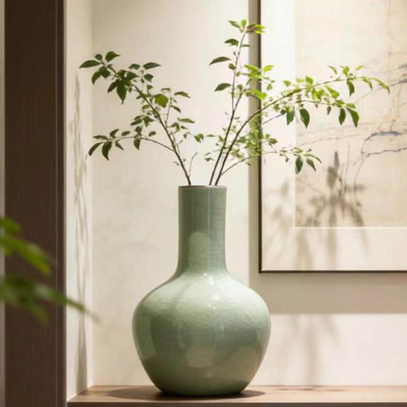 景德镇陶瓷器仿古冰裂纹天球瓶中式客厅插花博古架玄关装饰品摆件