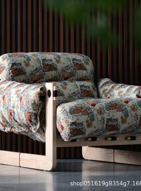 白蜡木泽西岛单人沙发椅法式复古油蜡皮黑色家用休闲客厅卧室懒人