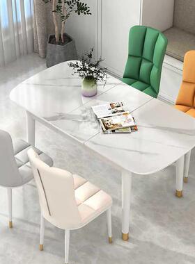 ft奶油风餐桌椅亮光岩板伸缩电磁炉组合白色极简约轻奢实木折叠小