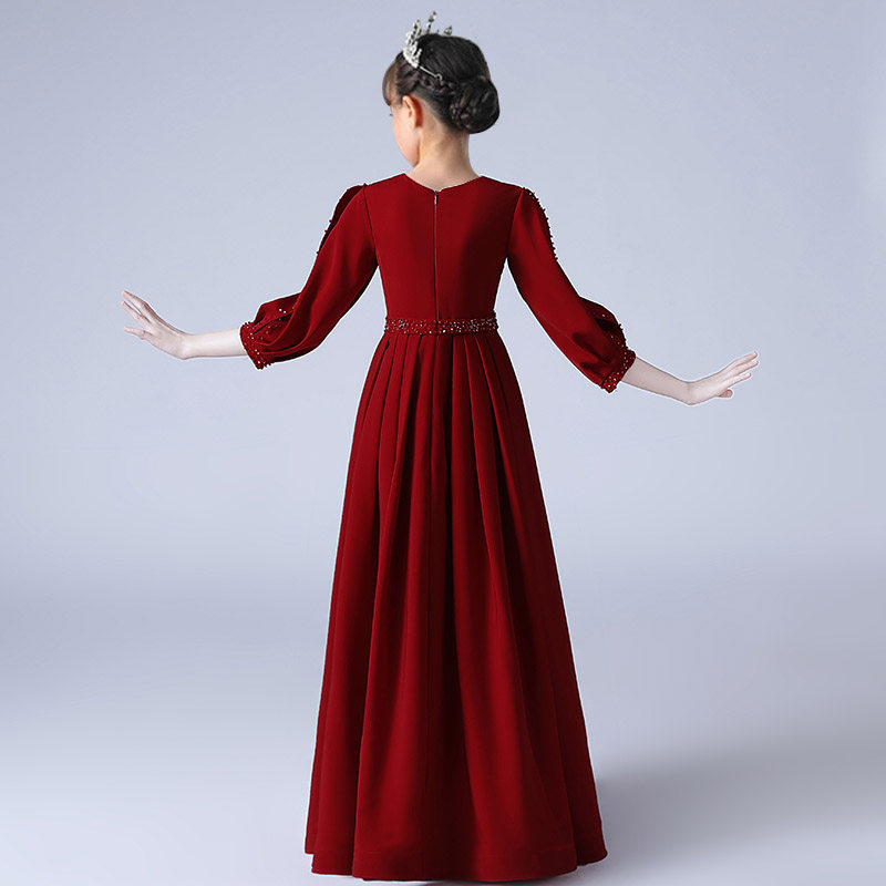 新款长袖女童大小提琴钢琴演出晚礼服中大童演唱主持公主裙表演服