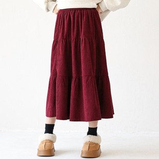 女童半身裙秋冬儿童加绒裙子中长款灯芯绒黑色半裙冬季大童蛋糕裙